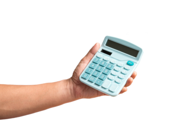 Man holding a calculator with his hand, close up view. Isolated, transparent background.