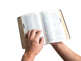 Man holding an open Holy Bible in his hands. Page shows Psalm. Isolated, transparent background.