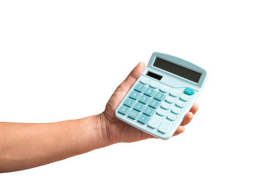 Man holding a calculator with his hand, close up view. Isolated, transparent background.