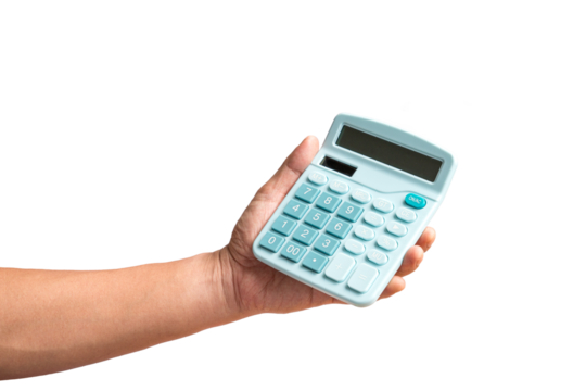 Man holding a calculator with his hand, close up view. Isolated, transparent background. - Powered by Adobe