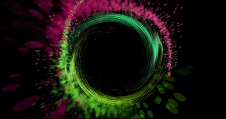 Animation of colourful light trails forming circles on black background