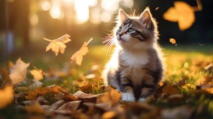 A Cute kitten playing with yellow autumn leaves at sunset. the backyard The background of the photo is a relaxing environment in the backyard. - obrazy, fototapety, plakaty