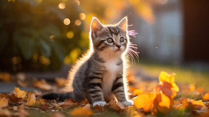 Naklejka premium A Cute kitten playing with yellow autumn leaves at sunset. the backyard The background of the photo is a relaxing environment in the backyard.