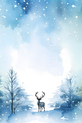 Abstract watercolor style drawing with trees and deer in winter landscape and copy space in middle