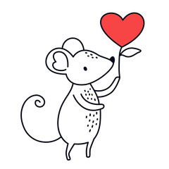Linear style vector illustration. Cute mouse holding a flower in the form of a heart. Illustration for valentine's day . Vector illustration