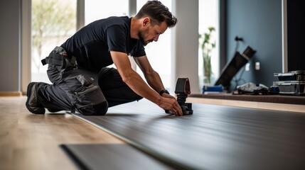 Fototapeta premium A Construction worker installing laminate flooring, room decoration design, professional technician, laminate background.
