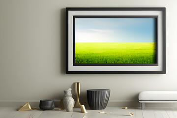 Fototapeta premium Podium Display Home office concept, picture frame mockup, wall background, Elegant working space, interior design