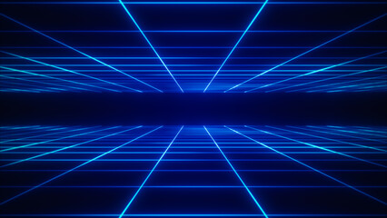 Abstract sci-fi grid neon retro tunnel background - obrazy, fototapety, plakaty