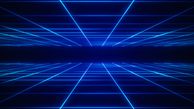 Abstract sci-fi grid neon retro tunnel background