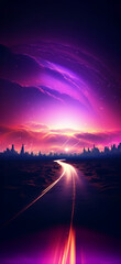 A purple colour sky with sunset lighting road