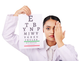Portrait, poster and eye test with a woman optician and isolated transparent png background. Vision, medical and a serious young doctor for eyesight, optometry office for a visual exam and healthcare