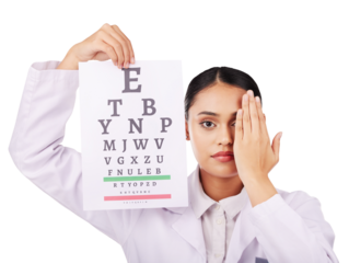 Portrait, poster and eye test with a woman optician and isolated transparent png background. Vision, medical and a serious young doctor for eyesight, optometry office for a visual exam and healthcare