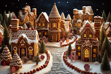 Naklejka premium christmas village with gingerbread houses and trees