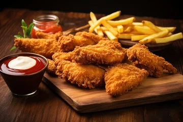Foto op Plexiglas Crispy fried chicken tenders and french fries on wooden table © LaxmiOwl