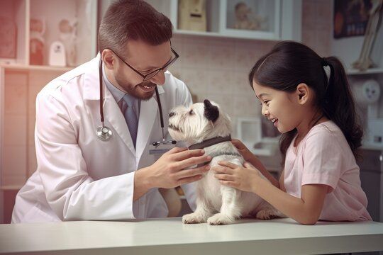 Cute little girl and her handsome young veterinarian are examining a dog in the clinic.
 Generative AI