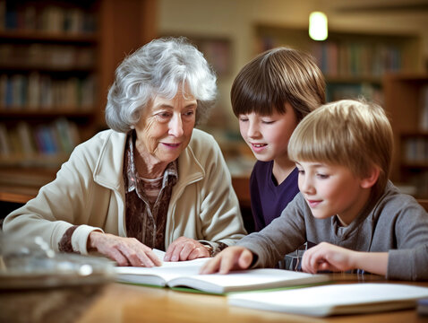 An elderly woman, a retired teacher, teaches children as a volunteer.