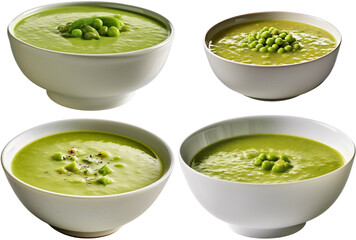 side view of plates filled with pea soup