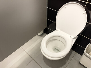 A white toilet bowl in a modern restroom interior. There is no one inside