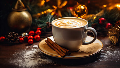 Obraz na płótnie Canvas christmas cup of coffee with cinnamon and star anise on wooden table with christmas lights