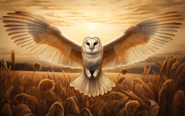 a barn owl is flying over wheat, with wings spread at sunset. 