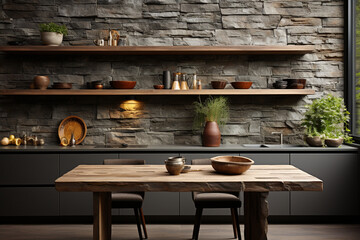 table and chairs in a restaurant _ kitchen with modren wall