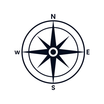Vintage compass rose, nautical chart. Monochrome navigational compass with cardinal directions of North, East, South, West. Geographical position, cartography and navigation. Vector illustration.