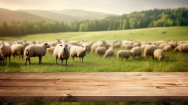 The empty wooden brown table top with blur background of sheep pasture. Exuberant image. generative AI