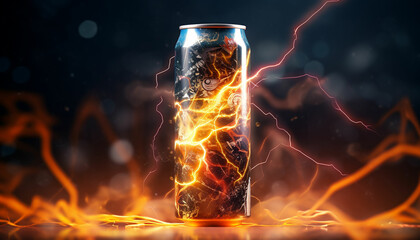 a can of energy drink with lightning - obrazy, fototapety, plakaty