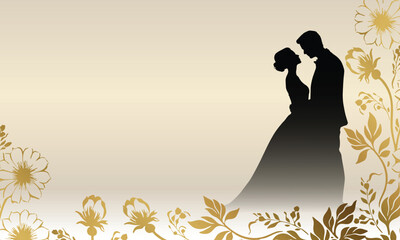 silhouette of a couple bride and groom wedding with golden flowers boarder