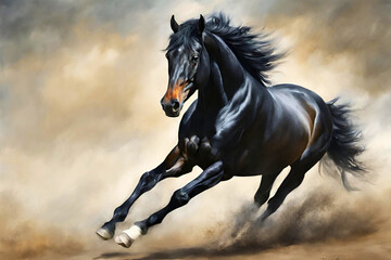 Obraz na płótnie Canvas Beautiful Arabian black horse digital art. Scenic photography of oil color painting racing black horse for background, wallpaper, postcard, wall art and other designs.