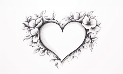 Artistic monochrome illustration of a heart framed by floral elements, symbolizing love, romance, and affection, perfect for greeting cards and romantic designs