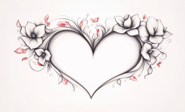 Elegant heart shaped floral design with blooming flowers and flying petals, a romantic symbol drawn in a monochrome style with a hint of red, ideal for love-themed projects and Valentine's Day