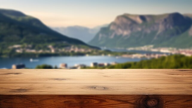 The empty wooden brown table top with blur background of Norway in summer. Exuberant image. generative AI