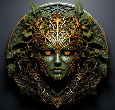 Mask on the Wall. Green Man Fantasy Art. Decorated Face. Generative AI. 