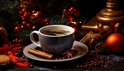 Obraz premium christmas cup of coffee with cinnamon and star anise on wooden table with christmas lights