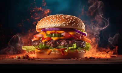 Juicy Beef and Cheese Burger with Fresh Veggies on Toasted Bread in dramatic smoke-fire background