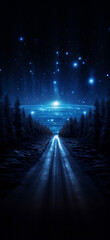 A starry night sky with shining road in the middle of forest
