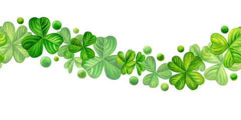 Watercolor green shamrock seamless banner for background design illustrations of spring, St Patrick, green grass, summer greenery