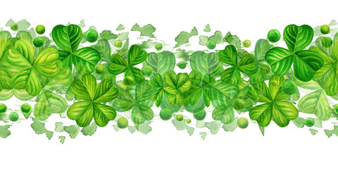 Watercolor green shamrock seamless banner for background design illustrations of spring, St Patrick, green grass, summer greenery - obrazy, fototapety, plakaty