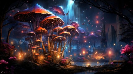 Fantasy Mushroom Blue Butterfly Fairy Tale, Ultra Bright Colors, Background Images , Hd Wallpapers