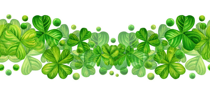 Watercolor green shamrock seamless banner for background design illustrations of spring, St Patrick, green grass, summer greenery