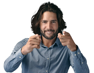 Business, portrait and man with hand pointing at you for hiring or show on isolated, transparent or png background. Recruitment, face and entrepreneur with finger emoji for join us, offer or choice