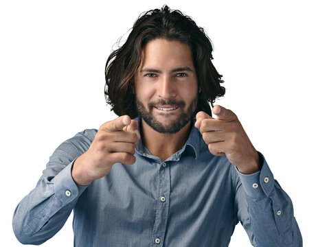Business, portrait and man with hand pointing at you for hiring or show on isolated, transparent or png background. Recruitment, face and entrepreneur with finger emoji for join us, offer or choice - Powered by Adobe