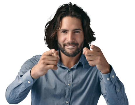 Business, portrait and man with hand pointing at you for hiring or show on isolated, transparent or png background. Recruitment, face and entrepreneur with finger emoji for join us, offer or choice