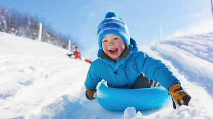 Fototapeta na wymiar cheerful child rolling down the slope on a sled, tubing, winter, childhood, snow, New Year, holidays, sports, active recreation, kid, toddler, childhood, emotional portrait, facial expression, slide