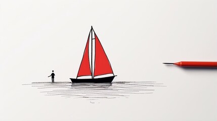 drawing red sailboat on the sea