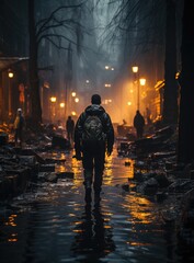 Dangerous city street at night, illuminated by flickering neon lights. A group of people cautiously walks amidst the urban decay and debris, uncovering the gritty reality of an apocalyptic world