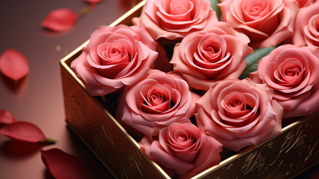 bouquet of roses and box HD 8K wallpaper Stock Photographic Image 