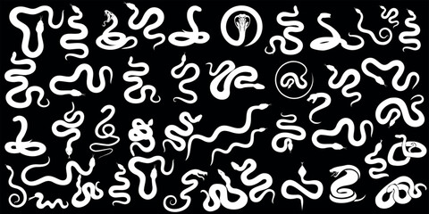 Snake vector illustration, white on black. Diverse styles: abstract, doodle, sketch, line art, silhouette, tribal. Ideal for tattoo, ethnic designs, apparel, home decor, stationery, web design.