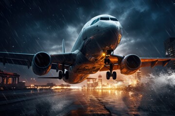 Passenger plane flies in a thunderstorm. Generate Ai. - obrazy, fototapety, plakaty